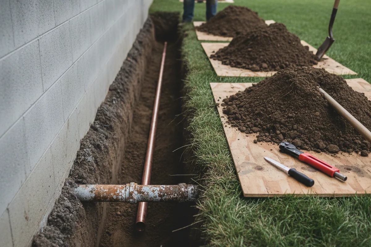 Excavated water line trench during Water Heater Repair in Medford